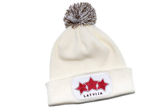 Drošā ziemas cepure ar bumbuli Trīs zvaigznes Latvija balta