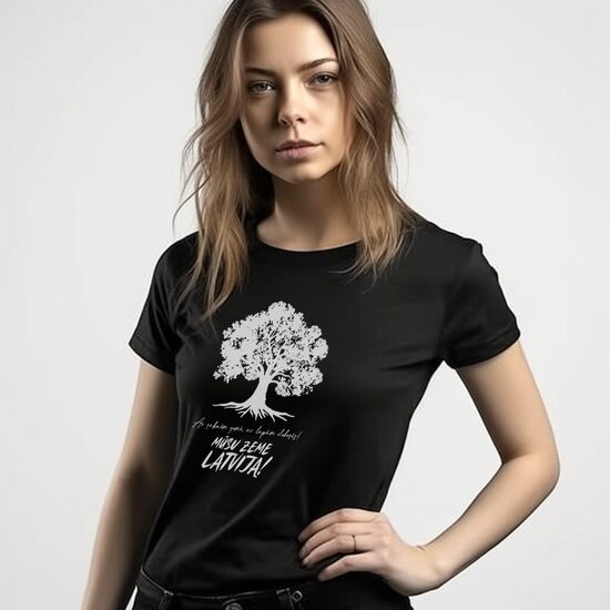 T-krekls, sieviešu Mūsu Zeme Latvija - Ar saknēm zemē, ar lapām debesīs!/melna