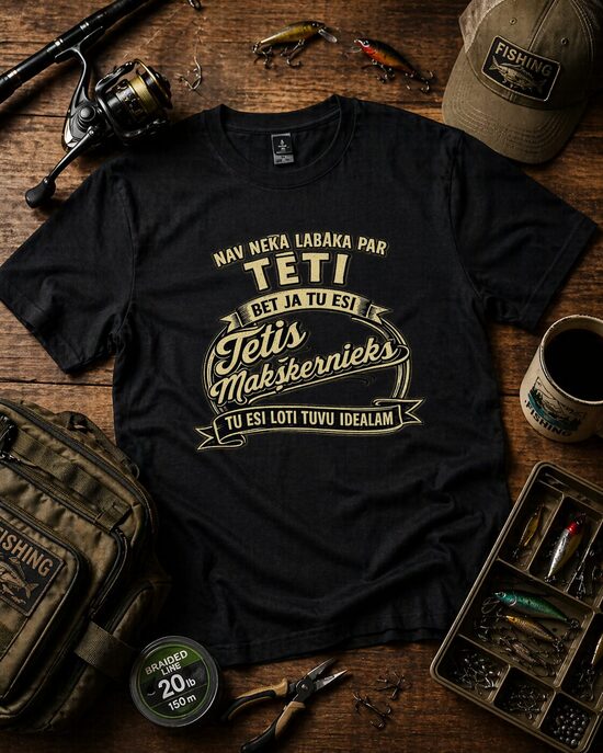 T-krekls “Tētis Makšķernieks.2” – oriģināla dāvana makšķerniekam,melns