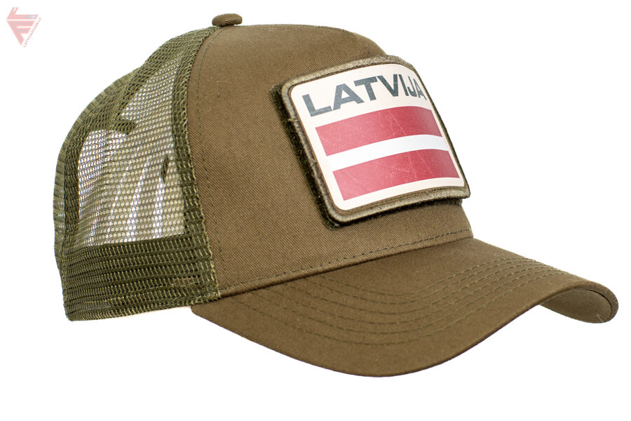 Cepure, beisbola, sietiņa Latvija,karogs/velkro emblēma/green military