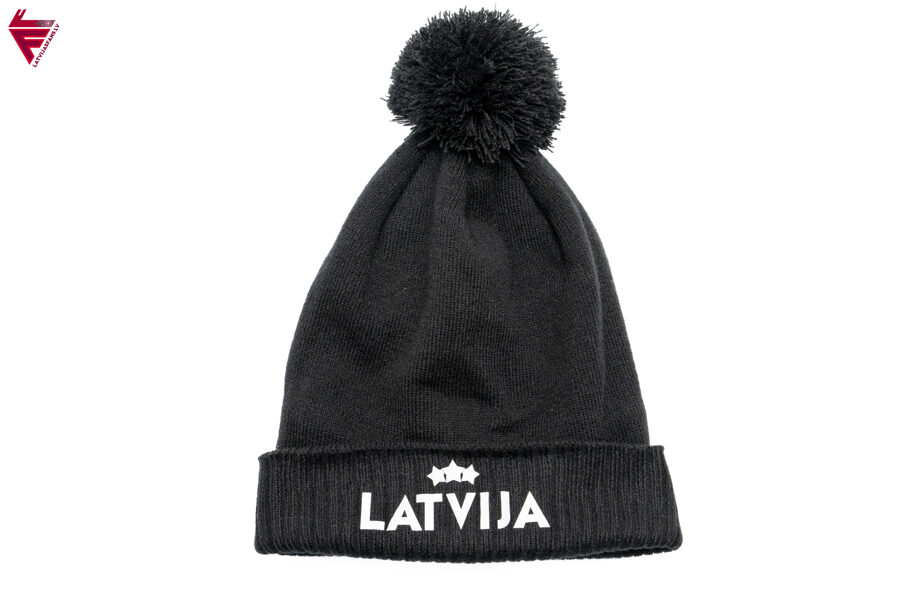 Drošā ziemas cepure ar bumbuli LATVIJA Trīs zvaigznes atstarojoša/melna/pelēks