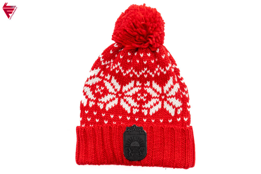 Ziemas cepure ar bumbuli Mazais Latvijas ģerbonis/melns/sarkana balti raksti