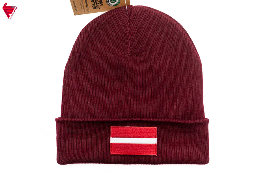 Drošā ziemas cepure LATVIJAS karogs/bordo/eco kokvilna