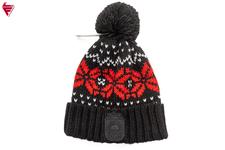 Ziemas cepure ar bumbuli Mazais Latvijas ģerbonis/melns/melna sarkani raksti