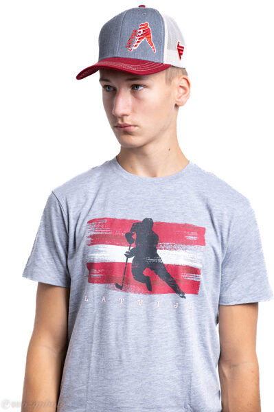 Latvijas hokeja fanu T - krekls  Hokejists karogā,  gaiši pelēks
